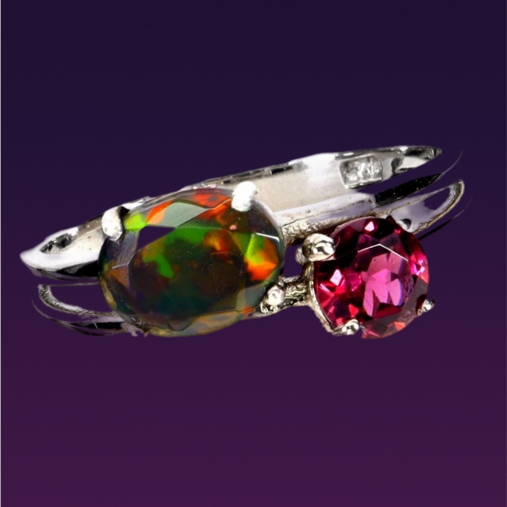 Genuine Rare RED FIRE Faceted Black Opal & Garnet Gemstone Ring WOW SEE VIDEO